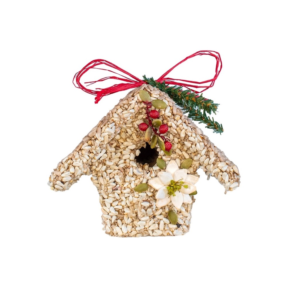 Festive Seed-Covered Birdhouse with Red Accents
